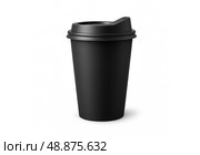Black coffee cup with lid isolated on white background for branding, mug, takeaway beverage, eco lifestyle, modern drinkware, mockup template, advertising. Стоковое фото, фотограф Павел Муравьев / Фотобанк Лори