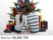 Couple sitting in front of their Christmas tree. Стоковое фото, агентство Ingram Publishing / Фотобанк Лори