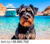 A shaggy black terrier sits in the shallow water. Стоковое AI-изображение, AI-художник Сергей Елизарьев / Фотобанк Лори