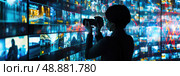 Person holding camera captures shot of wall of digital screens displaying various images, mostly in shades of blue, with city skyline in background. Стоковое AI-изображение, AI-художник Данила Большаков / Фотобанк Лори