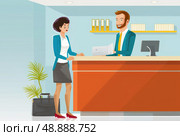 A woman in a blue blazer checks in at a hotel reception desk with a smiling male receptionist. Стоковое AI-изображение, AI-художник Данила Большаков / Фотобанк Лори
