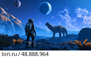 Distant worlds collide as a human surveys an alien landscape with a dinosaur-like creature. Стоковое AI-изображение, AI-художник Михаил Коханчиков / Фотобанк Лори