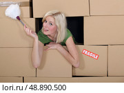 Woman with a feather duster surrounded by packing boxes. Стоковое фото, агентство Ingram Publishing / Фотобанк Лори