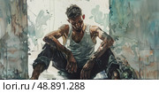 A man sits in a doorway, his head down, hands clasped. The background is a watercolor painting of a building, with muted tones of blue, green, and brown. Стоковое AI-изображение, AI-художник Данила Большаков / Фотобанк Лори