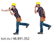 Two images of a construction worker with a walkie talkie. Стоковое фото, агентство Ingram Publishing / Фотобанк Лори