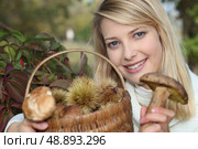 Woman gathering mushrooms in basket. Стоковое фото, агентство Ingram Publishing / Фотобанк Лори