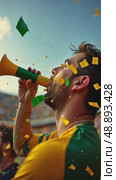 A slow-motion shot of a fan blowing a vuvuzela, their cheeks puffed out, confetti flying around them as their team scores a goal. Стоковое AI-видео, аниматор Sergey Grishin / Фотобанк Лори