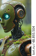 A close-up of a garden companion robot with moss-covered shoulders forgotten in backyard many years ago. Стоковое AI-видео, аниматор Sergey Grishin / Фотобанк Лори