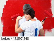 a man and his wife painting a wall. Стоковое фото, агентство Ingram Publishing / Фотобанк Лори