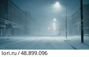 Snowstorm blanketing deserted street with streetlights at night. Стоковое AI-видео, аниматор KATERINA AI / Фотобанк Лори