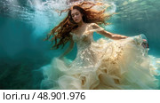 Charming woman in a white dress is submerged underwater, her clothing billowing around her as she floats in the depths of the sea. Стоковое AI-изображение, AI-художник Данила Большаков / Фотобанк Лори