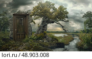 A solitary wooden door stands mysteriously amidst a twisted tree and overgrown vegetation by a serene stream. Стоковое AI-изображение, AI-художник Данила Большаков / Фотобанк Лори
