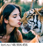 Image portrait of pretty young woman hugging wild tiger. Relationship between man and animals. Wild animals in a natural wildlife habitat. Animal protection, volunteering, nurseries, zoos. Стоковое AI-изображение, AI-художник Анна Сивакова / Фотобанк Лори