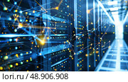 A server in a data center emits a soft glow amidst rows of equipment. The lights reflect off the metallic surfaces, creating an atmosphere of technology and data processing. Стоковое AI-изображение, AI-художник Данила Большаков / Фотобанк Лори