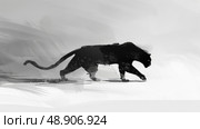 Black panther in full stride, captured in black and white, showcasing its powerful running movement. Стоковое AI-изображение, AI-художник Данила Большаков / Фотобанк Лори