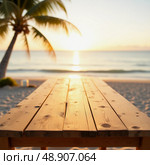 A beautifully crafted wooden table sits quietly on the sandy beach as the sun sets over the ocean. Waves lap softly at the shore, filling the air with tranquility and warmth Generative AI. Стоковое AI-изображение, AI-художник Юлия Петровская / Фотобанк Лори