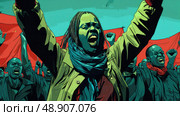 An animated character stands with raised fists, leading a vocal protest surrounded by supporters, conveying a powerful moment of unity and defiance. Стоковое AI-изображение, AI-художник Данила Большаков / Фотобанк Лори