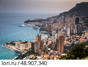 Monaco, Monte-Carlo aerial view, night lights, night city, port Hercule, Prince Palace, mountain, skyscrapers, mediterranean sea (2016 год). Стоковое фото, фотограф Vladimir Drozdin / Фотобанк Лори