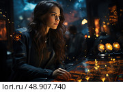 Illuminated by Desire: A Mysterious Woman Engrossed in Solitude at a Dimly Lit Table. Стоковое AI-изображение, AI-художник Данила Большаков / Фотобанк Лори