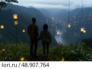 Twilight Serenade: Couple Enchanted by Floating Lanterns in Misty Mountain Valley. Couple stands against backdrop of lush mountain valley, as numerous glowing lanterns ascend into dusky sky. Стоковое AI-изображение, AI-художник Данила Большаков / Фотобанк Лори