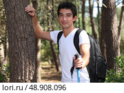 young man hiking in a pine forest. Стоковое фото, агентство Ingram Publishing / Фотобанк Лори