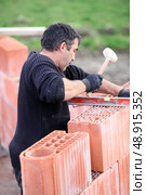 Adjusting wall with wooden mallet. Стоковое фото, агентство Ingram Publishing / Фотобанк Лори
