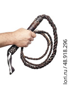 male hand holding brown leather whip isolated on white background. Стоковое фото, агентство Ingram Publishing / Фотобанк Лори