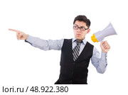 Funny man with loudspeaker on white. Стоковое фото, агентство Ingram Publishing / Фотобанк Лори