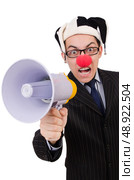 Businessman clown with loudspeaker on white. Стоковое фото, агентство Ingram Publishing / Фотобанк Лори