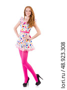Young model with pink stockings on white. Стоковое фото, агентство Ingram Publishing / Фотобанк Лори