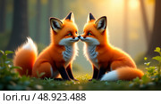 Two cute baby foxes sniffing each other in a sunny forest setting. Adorable wildlife scene representing companionship and nature. Стоковое AI-изображение, AI-художник Анжелика Самсонова / Фотобанк Лори