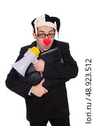 Businessman clown with loudspeaker on white. Стоковое фото, агентство Ingram Publishing / Фотобанк Лори