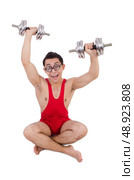Funny guy exercising with dumbbells on white. Стоковое фото, агентство Ingram Publishing / Фотобанк Лори