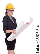Young architect with drawings on white. Стоковое фото, агентство Ingram Publishing / Фотобанк Лори