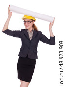 Young architect with drawings on white. Стоковое фото, агентство Ingram Publishing / Фотобанк Лори