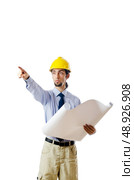 Engineer working with drawings on white. Стоковое фото, агентство Ingram Publishing / Фотобанк Лори