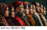 A group of seven individuals, dressed in traditional attire, stand in a line, looking to the right. Стоковое AI-изображение, AI-художник Данила Большаков / Фотобанк Лори