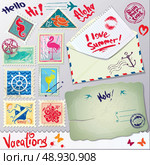 Set of vintage post stamps, postcard and envelope for Vacations or travel design. Стоковая иллюстрация, агентство Ingram Publishing / Фотобанк Лори