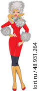 Beautiful blond woman dressing in red coat with white fur - isolated on white background - winter season picture. Стоковая иллюстрация, агентство Ingram Publishing / Фотобанк Лори
