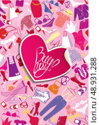 Background for fashion Design - Pattern with Silhouettes of glamor clothes and accessories - Heart frame with calligraphic words BUY NOW! Стоковая иллюстрация, агентство Ingram Publishing / Фотобанк Лори