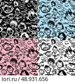 Set of seamless patterns. Cartoon faces with different emotions. Handdrawn images and handwritten text. Ready to use as swatch. Стоковая иллюстрация, агентство Ingram Publishing / Фотобанк Лори
