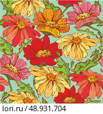 Floral Seamless Pattern with hand drawn flowers - camomile on blue background. . Стоковая иллюстрация, агентство Ingram Publishing / Фотобанк Лори