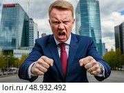 Corporate Fury: Against backdrop of towering skyscrapers, an enraged businessman in sharp suit expresses his fury with clenched fists and a fierce roar. Стоковое AI-изображение, AI-художник Данила Большаков / Фотобанк Лори