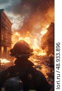 A lone firefighter stands in the middle of a street, facing a massive fire engulfing buildings, smoke and embers billowing into the sky. Стоковое AI-изображение, AI-художник Данила Большаков / Фотобанк Лори