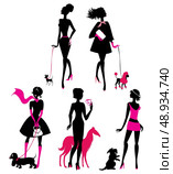 Set of black silhouettes of fashionable girls with their pets - dogs (dachshund, terrier, poodle, chihuahua) on a white background. Стоковая иллюстрация, агентство Ingram Publishing / Фотобанк Лори