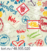 Seamless pattern with Sea and tropical elements - rubber stamps collection. Ready to use as swatch. Стоковая иллюстрация, агентство Ingram Publishing / Фотобанк Лори