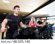 Aerobics elliptical walker trainer group at fitness gym workout. Стоковое фото, агентство Ingram Publishing / Фотобанк Лори