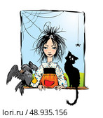 Baby witch with black cat, raven and spider looking out the window -color illustration. Стоковая иллюстрация, агентство Ingram Publishing / Фотобанк Лори