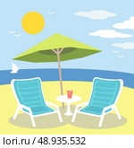 Lounge chairs on the ocean or sea beach vector illustration. Стоковая иллюстрация, агентство Ingram Publishing / Фотобанк Лори