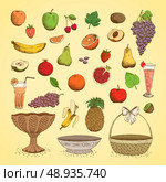 Set of juicy fresh fruits, orange, grape, apple, strawberry, cherry and others vector illustration. Стоковая иллюстрация, агентство Ingram Publishing / Фотобанк Лори